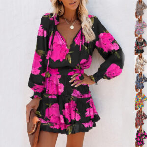 Robe à manches longues à imprimé floral, robe tendance à manches bouffantes et effet patchwork, robes cintrées à la taille, vêtements pour femmes
