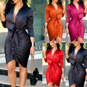 Robe-chemise midi à lacets pour femme, couleur unie, manches longues – Robe de soirée élégante et tendance