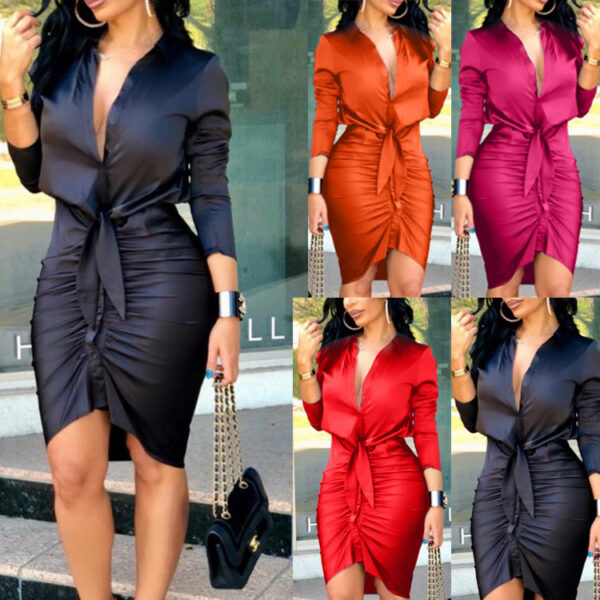 Robe-chemise midi à lacets pour femme, couleur unie, manches longues – Robe de soirée élégante et tendance