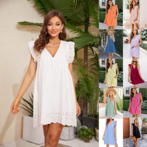 Robes en dentelle avec poche - Robe d'été sans manches en jacquard, découpes et col en V, pour la plage