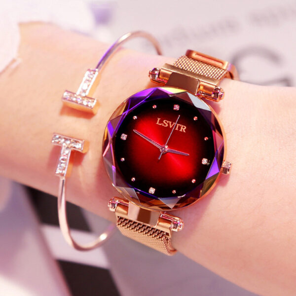 Montres pour femme en or rose : montre tendance à diamants pour femme, modèle « ciel étoilé » à aimant, étanche