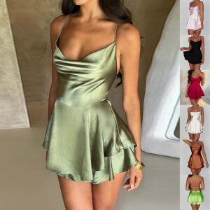 Jupe à jarretelles sexy pour femme – Robe courte élégante à bretelles fines, en satin, dos nu, à lacets, coupe trapèze