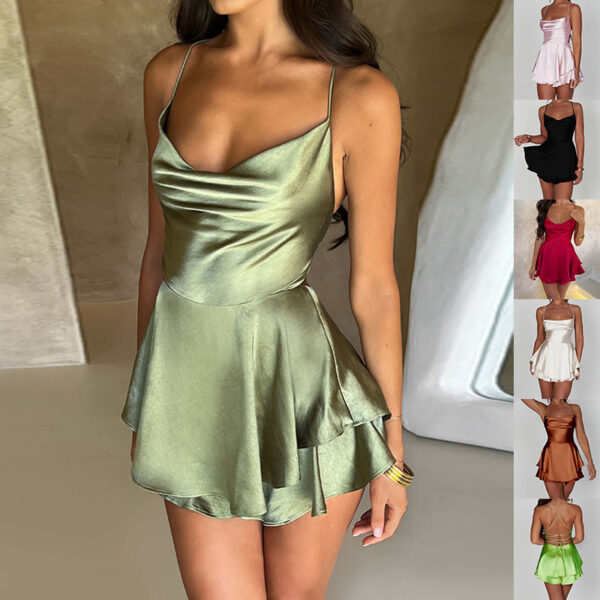 Jupe à jarretelles sexy pour femme – Robe courte élégante à bretelles fines, en satin, dos nu, à lacets, coupe trapèze