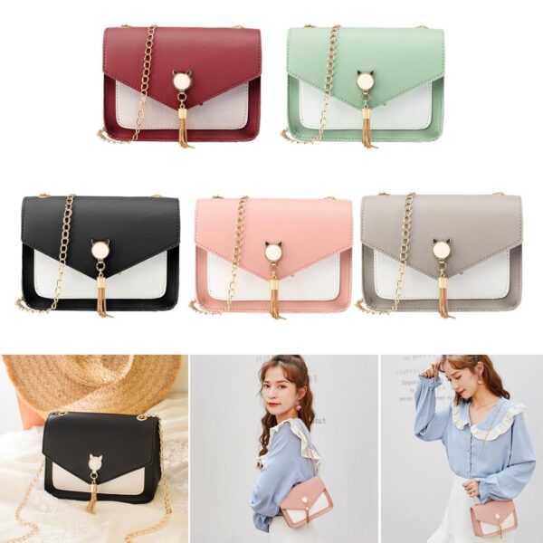 Petit sac bandoulière – Nouveau modèle : décoré d'un pompon en forme de chat mignon et adorable, avec une chaîne – Petit sac carré à porter à l'épaule – Sac bandoulière décontracté