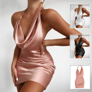 Robe de soirée en satin, col en V, dos nu, mini, sans manches, pour les soirées d'été