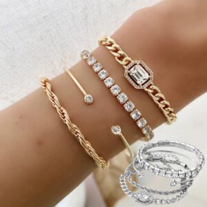 Ensemble de 4 bracelets fantaisie en cristal, style bohème pour femme : bracelets torsadés vintage de luxe, accessoires de mode pour les bras