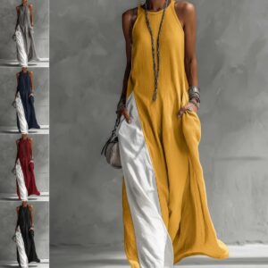 Robe longue à bretelles pour femme, coupe trapèze, style débardeur, color block, robe d'été pour la plage, coupe ample et décontractée, col licou, poche, fente sur le côté, robes longues