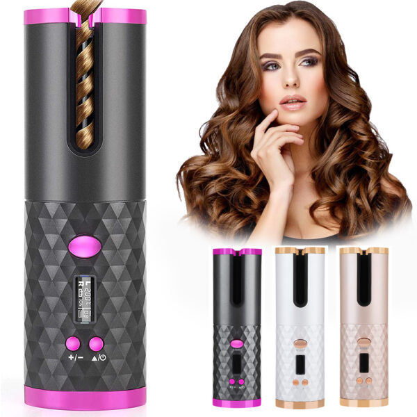 Fers à friser automatiques rechargeables pour femmes – Fers à friser portables avec écran LCD, embouts en céramique, rotatifs, pour boucles et ondulations