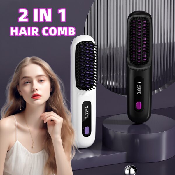 Peigne lisseur 2 en 1, brosse lisseur sans fil, chauffage rapide, fer à boucler portable, recharge par USB