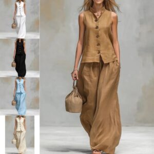 Ensemble décontracté deux pièces composé d'un gilet sans manches à col montant et d'un pantalon assorti - Ensemble deux pièces d'été pour femme : gilet et pantalon
