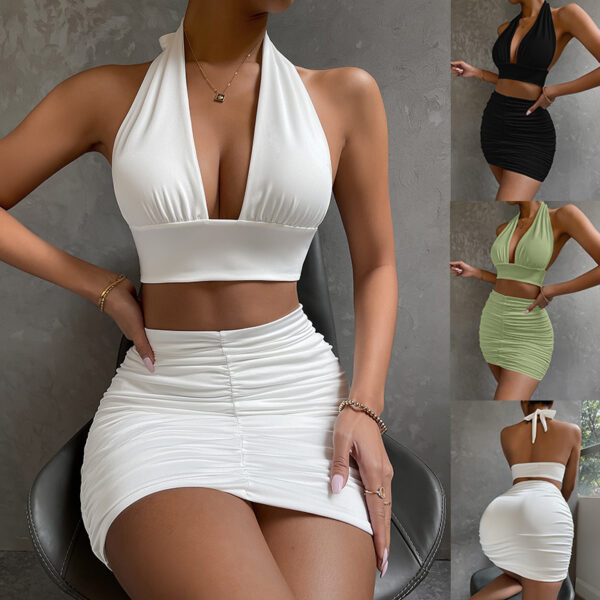 Lot de 2 ensembles de robe pour femme : haut à nouer dans le cou et à lacets, couvrant les hanches, et jupe plissée couvrant les hanches
