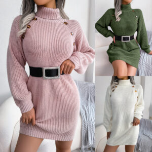 Robe-pull longue à col roulé d'hiver, avec boutons, style décontracté, à manches longues, pour femme