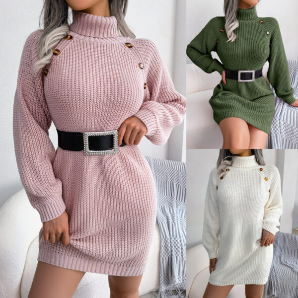 Robe-pull longue à col roulé d'hiver, avec boutons, style décontracté, à manches longues, pour femme