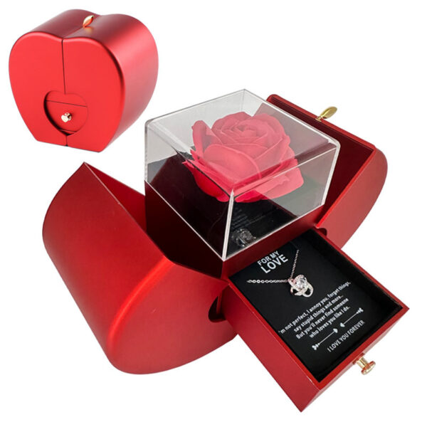 Boîte à bijoux fantaisie « Pomme rouge » – Collier de Noël – Rose éternelle – Pour fille – Fête des Mères – Saint-Valentin – Cadeaux avec rose artificielle – Boîte à bijoux en forme de rose