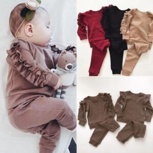 Ensembles 2 pièces pour bébés et enfants : pulls à volants, t-shirts unis à manches longues, pantalons, vêtements d'automne pour nouveau-nés (garçons et filles)