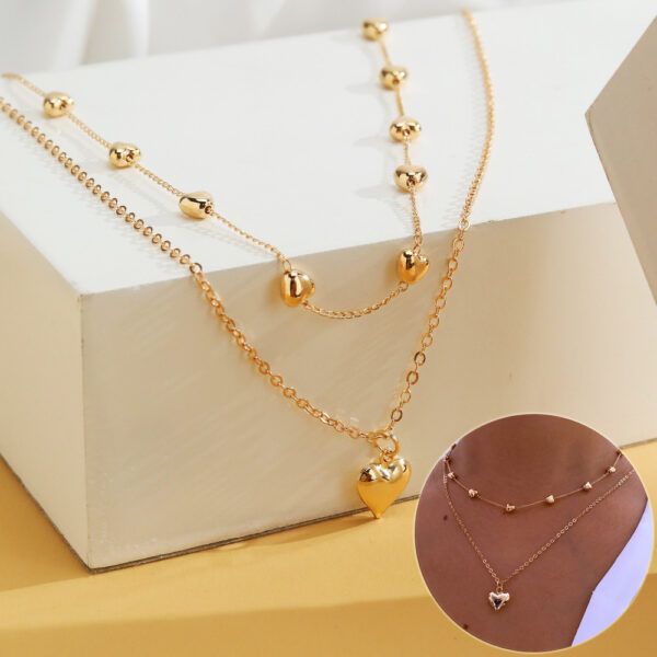 Collier à chaîne fine avec pendentif en forme de cœur à double épaisseur pour femme – Colliers en métal couleur or à plusieurs rangs – Accessoires de bijoux fantaisie