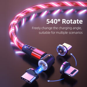 Câble magnétique lumineux rotatif 540, câble de recharge rapide 3 A pour téléphone portable, compatible LED, Micro-USB et Type-C, pour iPhone