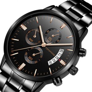 Montres pour homme en acier inoxydable, à quartz, avec calendrier, pour le travail et les loisirs, étanches, noires, en acier raffiné