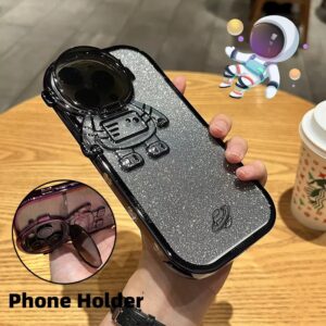Coque de téléphone avec support pour appareil photo « Astronaute pailleté » pour iPhone 14, 13, 12, 11 Pro Max, XR, 14 Plus – Support d'objectif invisible, revêtement métallisé, coque souple