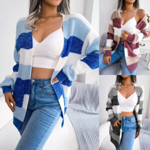 Pull à carreaux pour femme, cardigan décontracté à manches lanternes, veste d'extérieur, vêtements