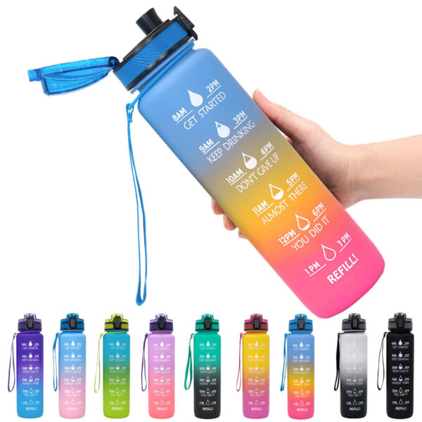 Bouteille d'eau Tritan de 1 litre avec repères horaires et capuchon « Bounce Cover » : bouteille d'eau motivante, gobelet étanche pour le vélo, idéal pour le sport et le fitness