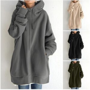 Sweats à capuche pour femme en tissu duveteux, sweat-shirt de sport long à capuche, sweat-shirt à capuche zippé sur toute la longueur
