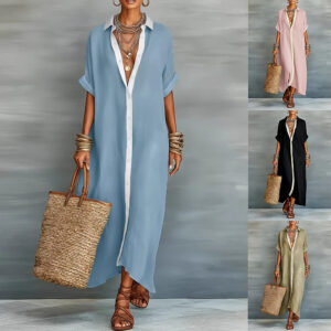 Robe-chemise d'été à manches courtes pour femme, avec revers et boutons – Robes longues tendance, décontractées et confortables