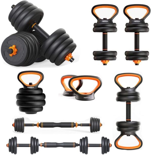 Haltères, kettlebells, haltères longs : ensemble multifonctionnel « six en un »