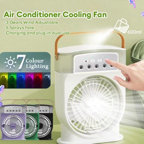 Ventilateur de refroidissement USB portable avec 5 jets, éclairage à 7 couleurs, réservoir d'eau de 600 ml, brumisateur et humidificateurs