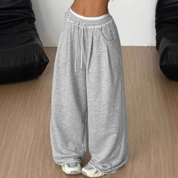 Pantalon de survêtement gris à taille élastique et cordon de serrage, coupe large, pour femme