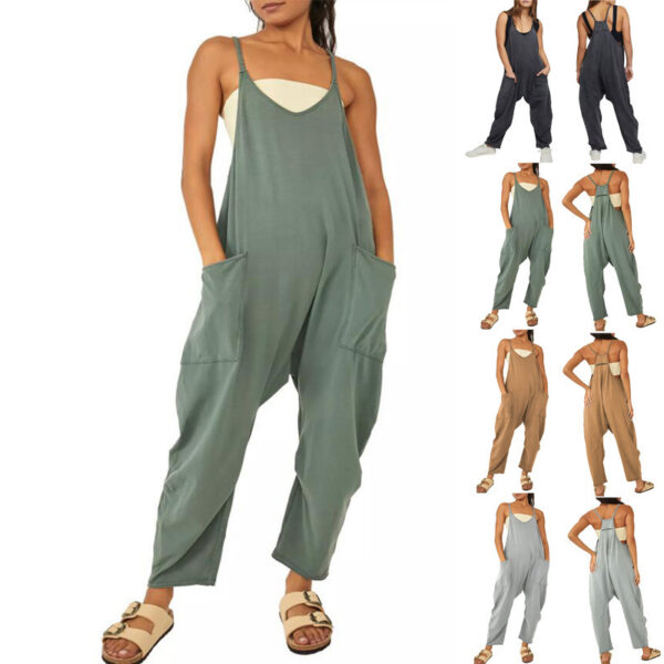 Combinaison d'été pour femme, ample et sans manches, à bretelles fines, pantalon long, avec poches et fermeture éclair