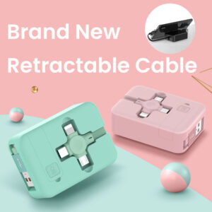 Câble USB rétractable 4 en 1 « Creative Macaron » de type C vers micro-USB pour iPhone, avec support pour téléphone, câble de recharge et de transfert de données, et boîte de rangement