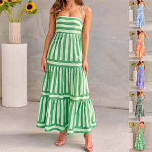 Robe longue d'été à bretelles, imprimé rayé, avec poches – Robes tendance à encolure carrée et dos nu pour les vacances à la plage – Vêtements pour femmes
