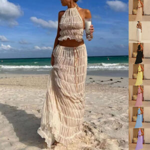 Lot de 2 pièces : ensemble habillé pour femme, composé d'un haut sexy sans manches, dos nu, court et à col licou, et d'une jupe longue plissée, tenue de plage
