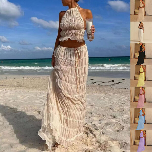 Lot de 2 pièces : ensemble habillé pour femme, composé d'un haut sexy sans manches, dos nu, court et à col licou, et d'une jupe longue plissée, tenue de plage