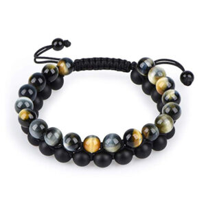 Bracelets pour couple en œil-de-tigre : bracelet composé de perles d'agate noires mates
