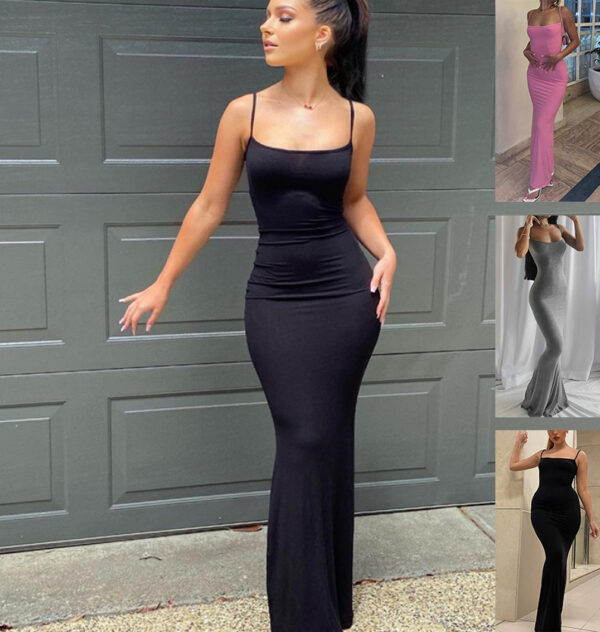 Robe longue à bretelles fines pour femme : robe sexy, moulante, ajustée, de soirée, de club, à bretelles, décontractée, de ville