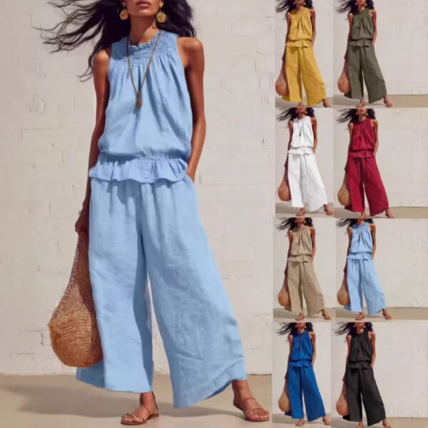 Ensemble d'été sans manches : haut à volants et pantalon droit - Ensemble deux pièces pour femme