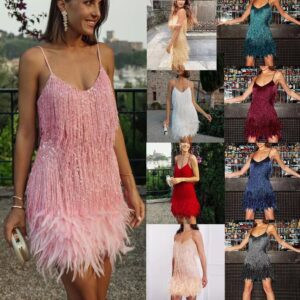Robe mini d'été sexy à paillettes, pompons et plumes pour femme, col en V, bretelles fines et coutures apparentes – Robe de soirée élégante pour femme, idéale pour les fêtes et les sorties en boîte de nuit