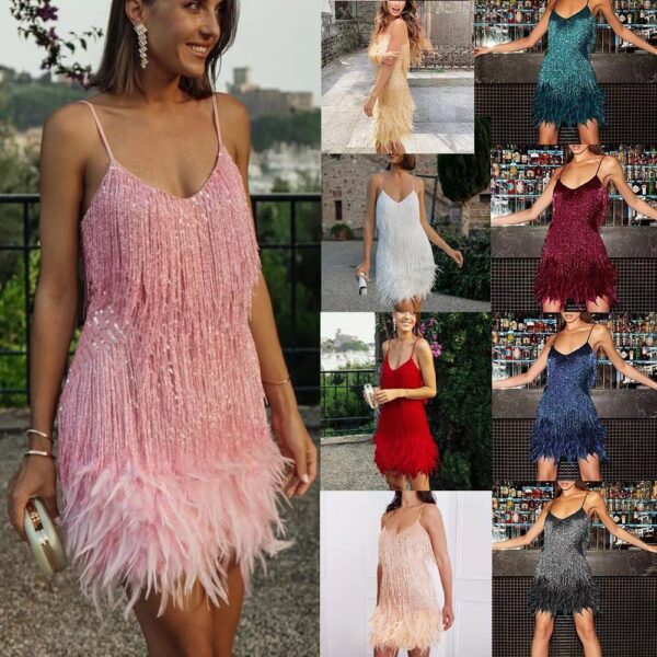 Robe mini d'été sexy à paillettes, pompons et plumes pour femme, col en V, bretelles fines et coutures apparentes – Robe de soirée élégante pour femme, idéale pour les fêtes et les sorties en boîte de nuit