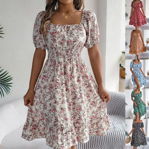 Robe à col carré et imprimé floral - Mode estivale - Robes à volants - Vêtements pour femmes