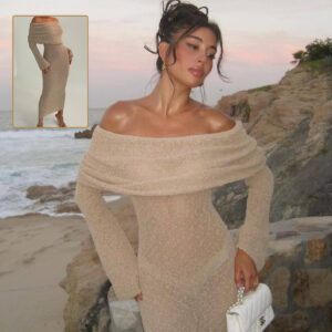 Nouvelle robe longue en maille à une épaule, à manches longues – Robes longues sexy pour les vacances à la plage – Vêtements pour femmes