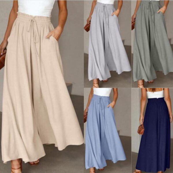 Mode féminine : pantalon long à jambes larges, taille élastiquée et taille haute