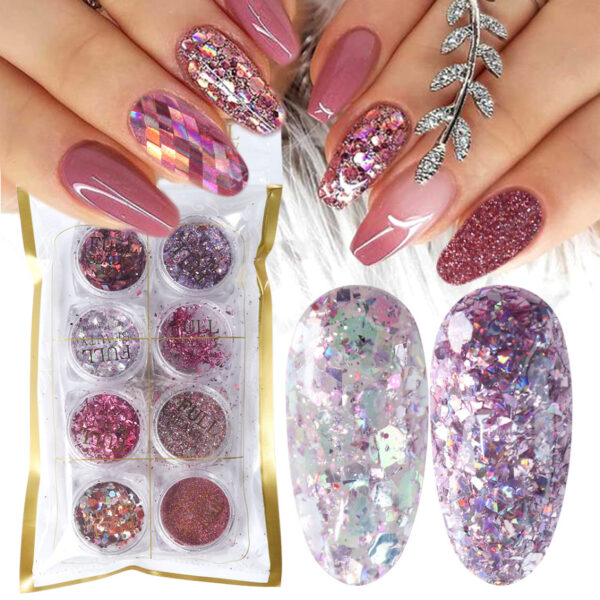 Lot de 8 boîtes de paillettes en poudre pour nail art