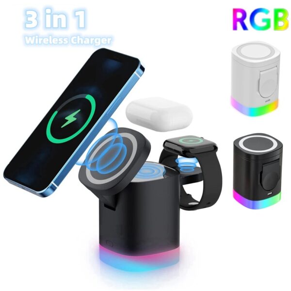 Chargeur rapide sans fil magnétique 3 en 1 pour smartphone – Station de recharge avec éclairage d'ambiance RVB pour AirPods et Apple Watch