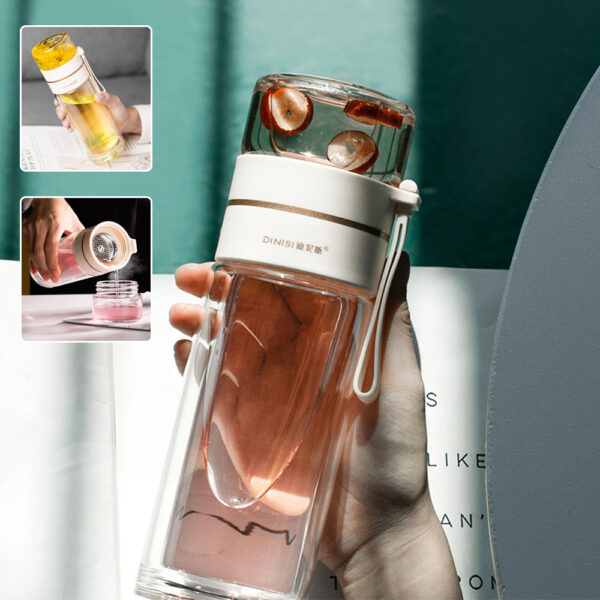 Bouteille d'eau en verre avec infuseur à thé, filtre et séparateur de thé – Bouteille en verre à double paroi, étanche