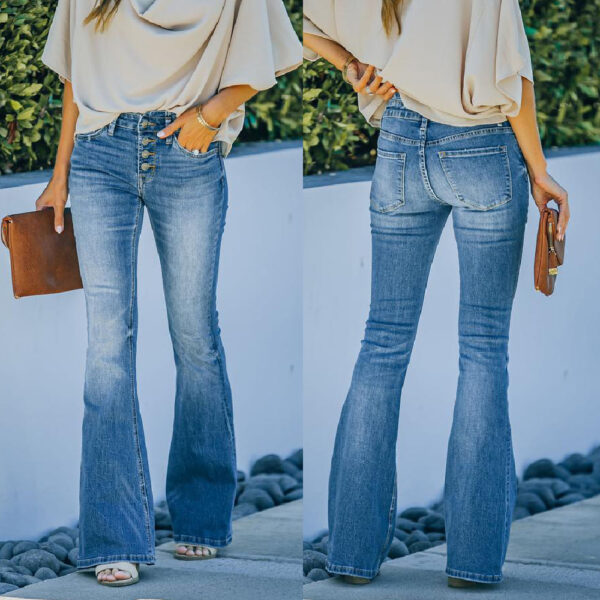 Jean taille haute à jambes évasées – Vêtement tendance, délavé, style urbain – Pantalon en denim pour femme