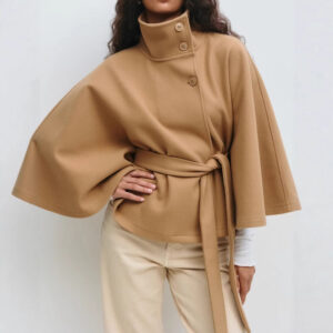 Manteau d'hiver à col montant et manches chauve-souris, avec ceinture ; trench-coat ample et élégant à boutons pour femme