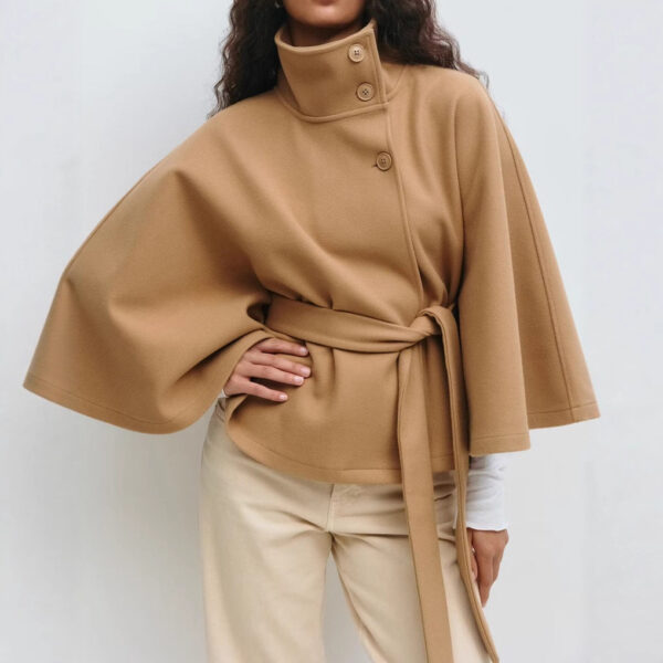 Manteau d'hiver à col montant et manches chauve-souris, avec ceinture ; trench-coat ample et élégant à boutons pour femme