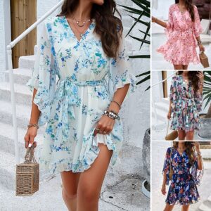 Robe d'été à manches courtes et imprimé floral, avec lacets et volants, col en V, vêtements pour femmes